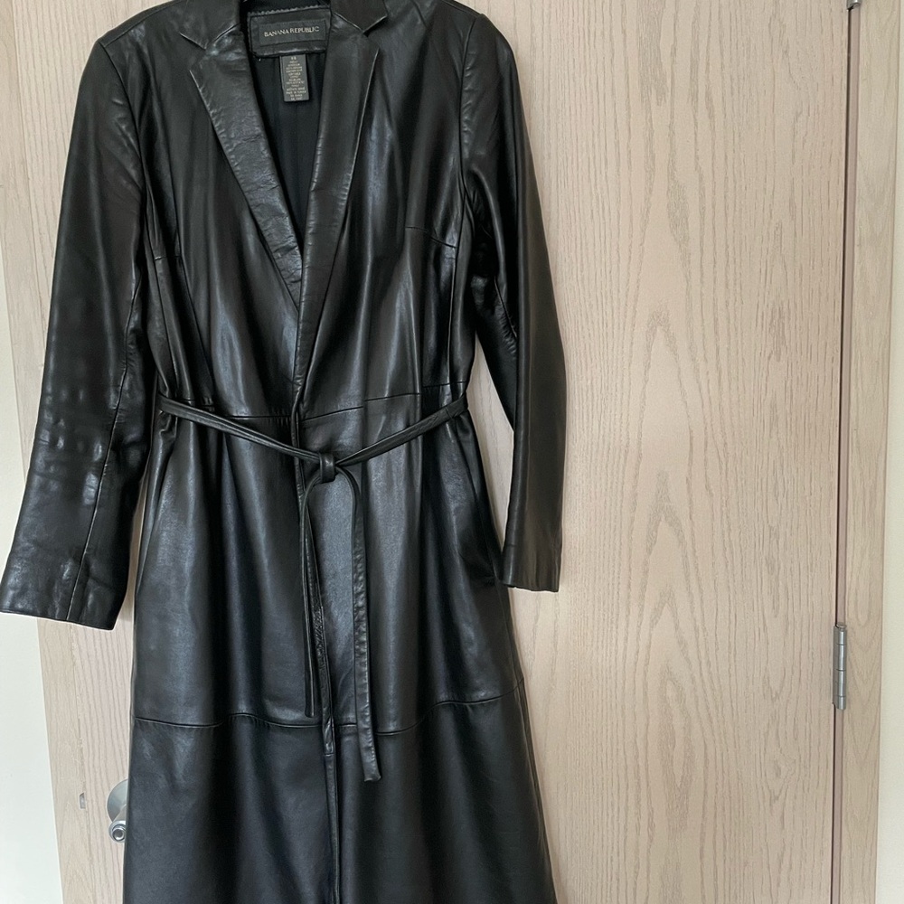 Banana Republic Black Leather Long Coat with Belt